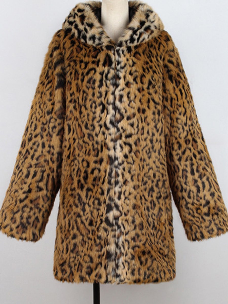 Hooded  Leopard  Long Sleeve Coats