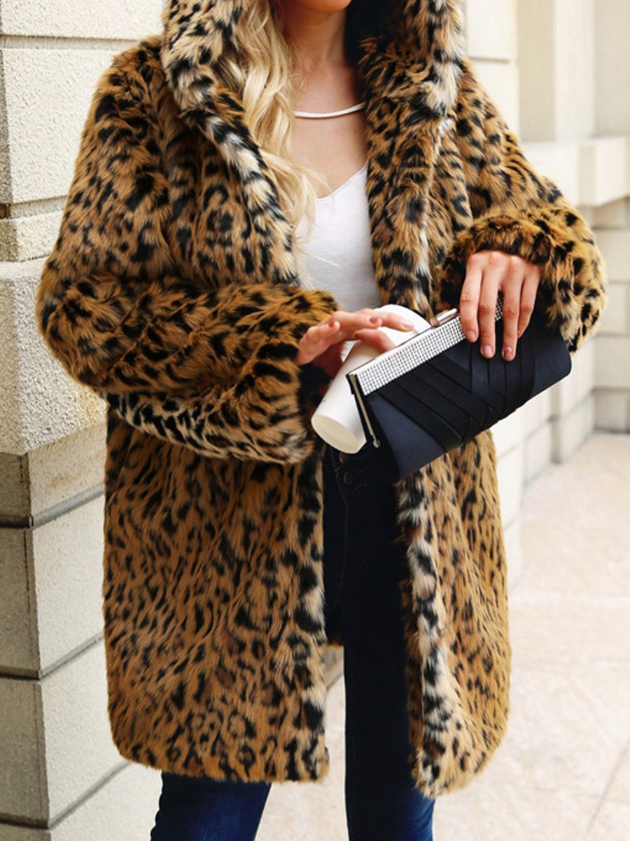 Hooded  Leopard  Long Sleeve Coats