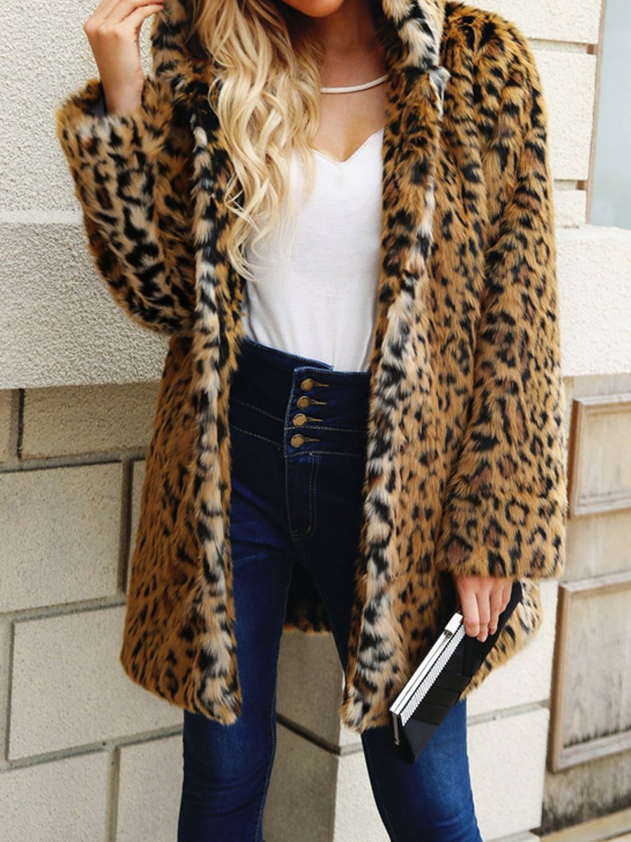 Hooded  Leopard  Long Sleeve Coats