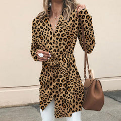 Fashionable V-Neck With Long-Sleeved Leopard Print Outerwear