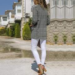 Stylish Lapel Plaid Long-Sleeve Pocket Blazer Suit