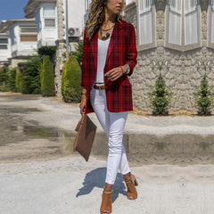 Stylish Lapel Plaid Long-Sleeve Pocket Blazer Suit