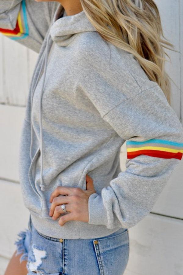 Hooded  Drawstring  Plain Striped Hoodies