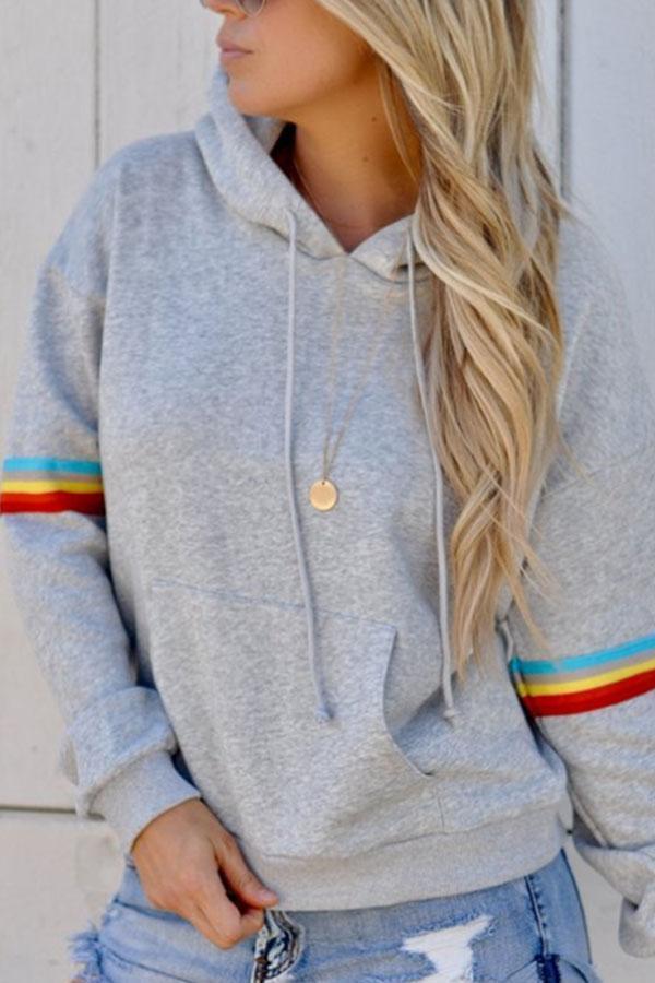 Hooded  Drawstring  Plain Striped Hoodies