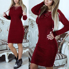 V Neck Lace Up Long Sleeve Fitting Knitting Bodycon Dress