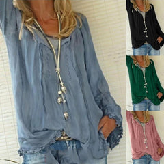 V Neck Lace Up Long Sleeve Plain Casual Blouses