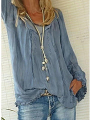 V Neck Lace Up Long Sleeve Plain Casual Blouses