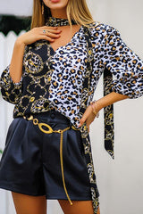 V Neck  Leopard Patchwork  Blouses