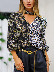 V Neck  Leopard Patchwork  Blouses