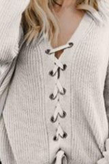 V Neck  Drawstring  Plain Sweaters