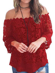 Lace off shoulder pure color blouse for woman