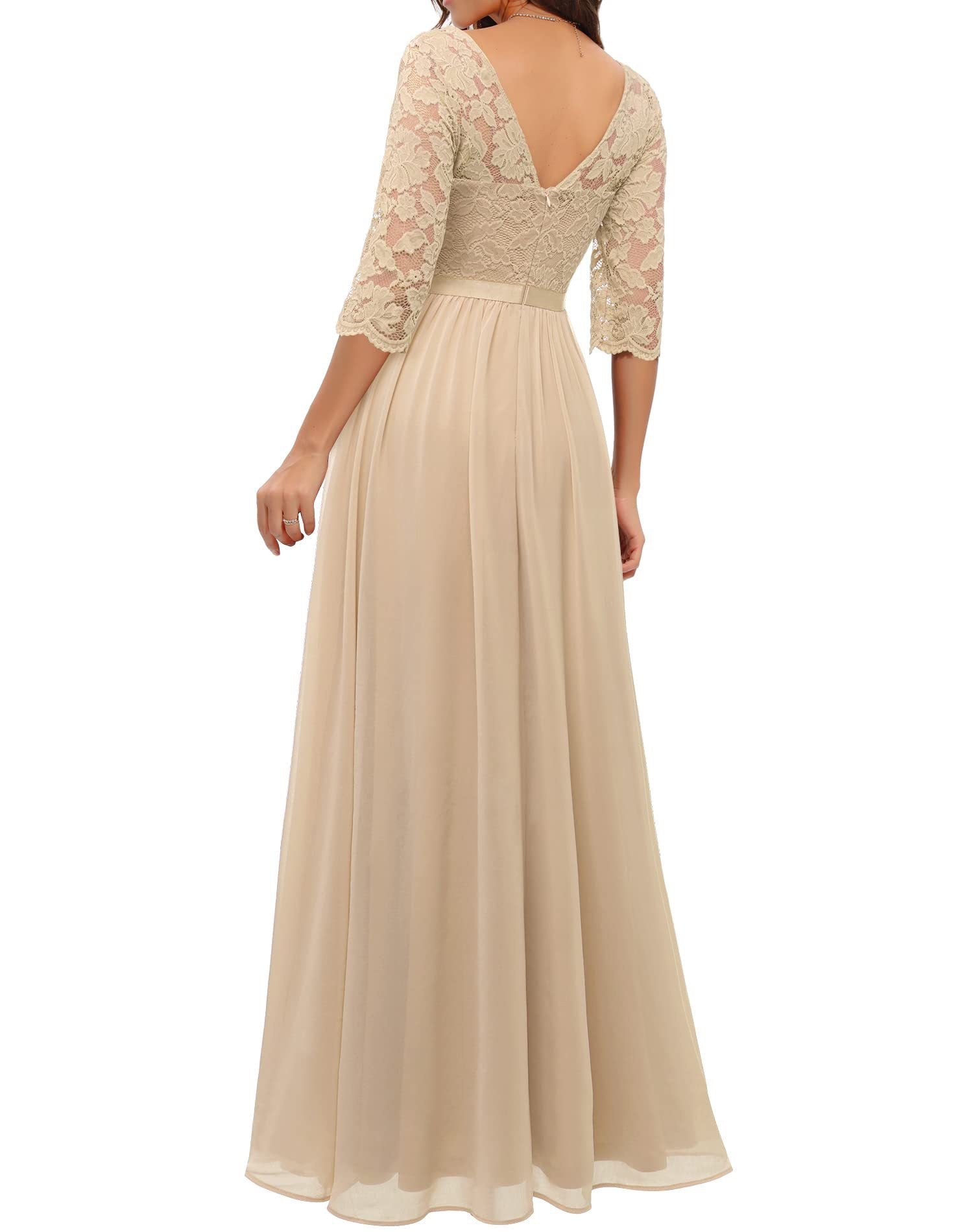 Elegant Lace Half Sleeve Round Neck Long Evening Dresses