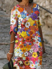 v neck floral printed women beautiful flower shift dresses