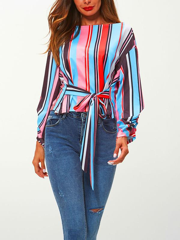 Fashion Round Neck Stripe Bow-Knot Long Sleeve T-Shirts