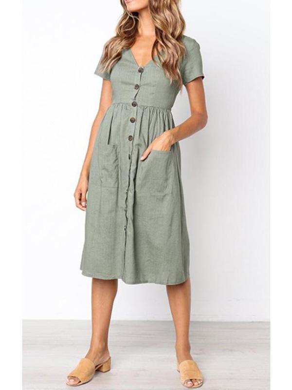 V Neck Button Pocket Short Sleeve Casual Dress