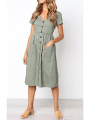 V Neck Button Pocket Short Sleeve Casual Dress