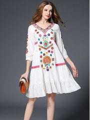 Sweet Floral Embroidery 3/4 Sleeve V Neck Midi Dress