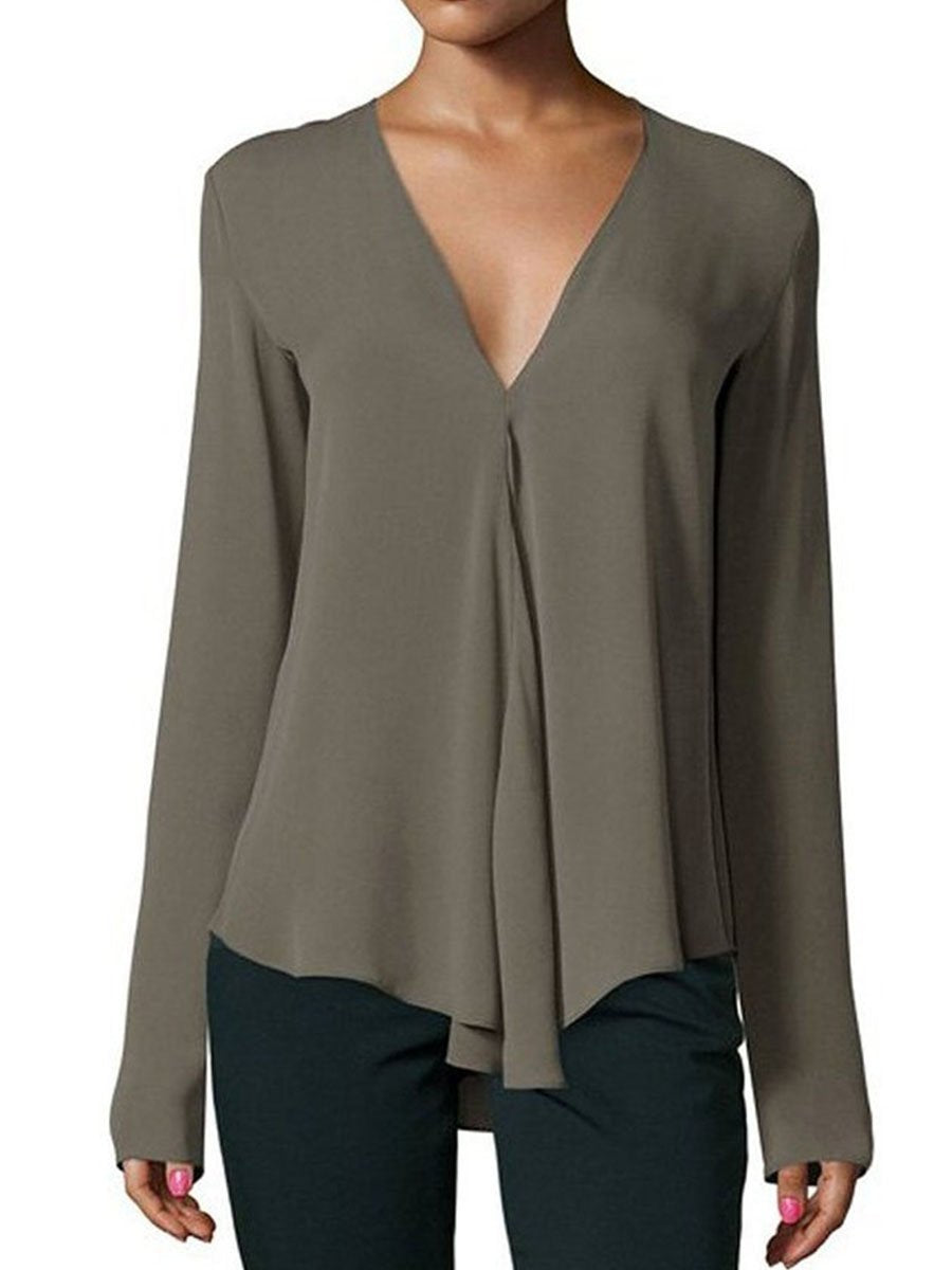 Long Sleeve Plain Daily Woman Sexy V Neck T-Shirts