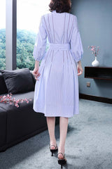 Stripe embroidered 3/4 sleeve hollow lantern sleeve A-line dress