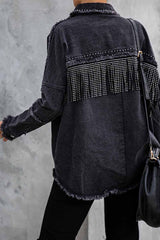 Long Sleeve Fringed Denim Jacket Tops