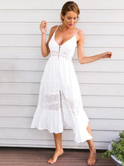 Lacy Split-joint Spaghetti-neck Maxi Dress