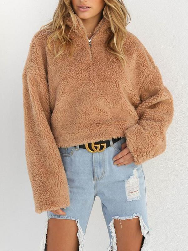 Suede Long Sleeve Half Front Zip Neckline Fashion Sweatshirts
