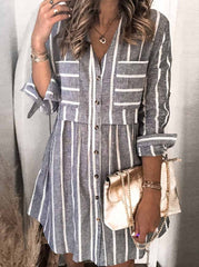 Striped Stitching High Waist Pocket Shirt Mini Dress