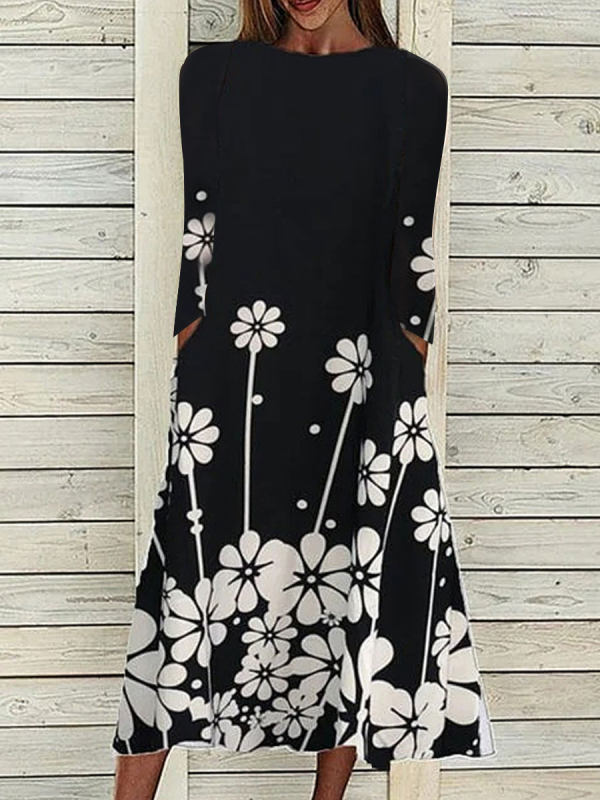 Floral-Print Crew Neck Long Sleeve Casual Dresses