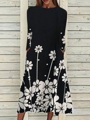 Floral-Print Crew Neck Long Sleeve Casual Dresses