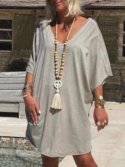 Gray V Neck Shift Half Sleeve Cotton-Blend Dresses