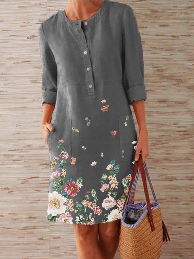 Gray Printed Floral Long Sleeve Midi Dresses