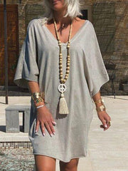 Gray V Neck Shift Half Sleeve Cotton-Blend Dresses