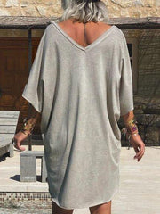 Gray V Neck Shift Half Sleeve Cotton-Blend Dresses