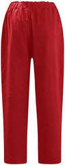 Linen Buttons Cropped Pants High Elastic Waist Stretch Capris Casual Work Crop Pants