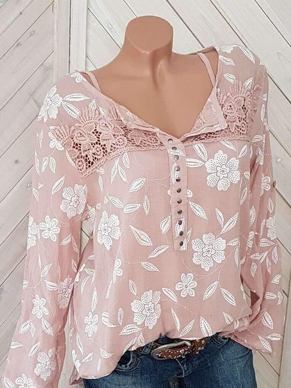 Long-sleeve Printed Patchwork Top Blouses