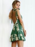 Green Lace-up V-back Printed Mini Dress