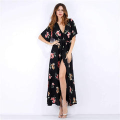 V neck Floral Short sleeve Maxi Dresses