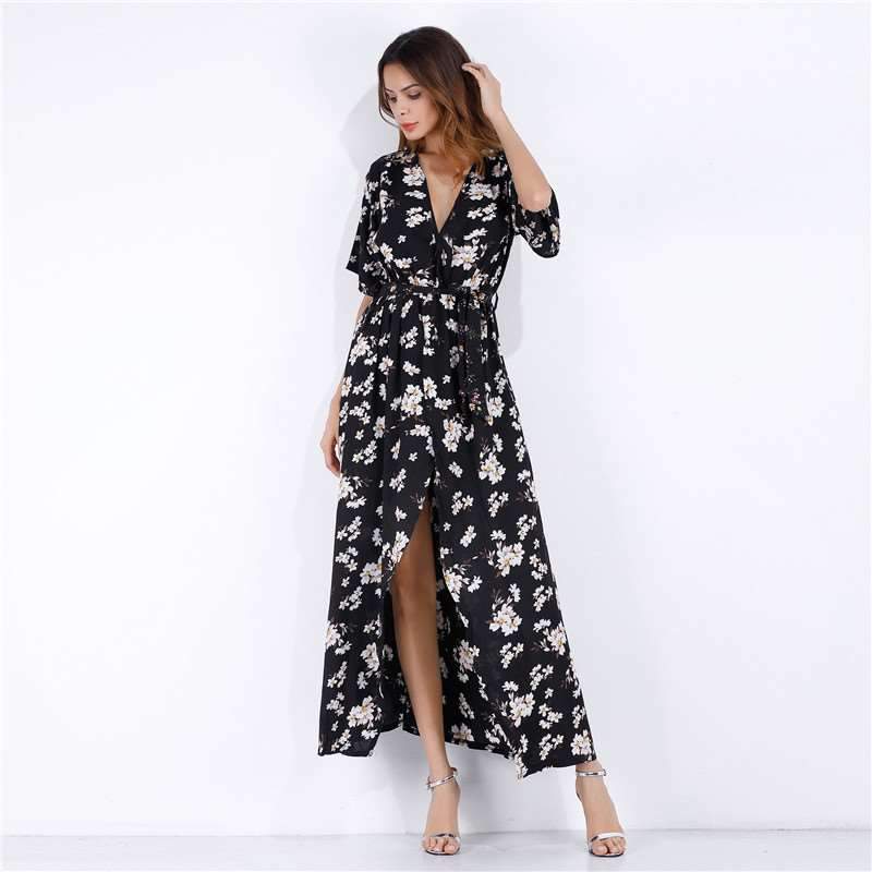 V neck Floral Short sleeve Maxi Dresses