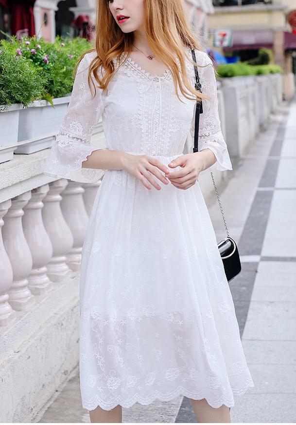 V neck Embroider Lotus sleeve Skater Dresses