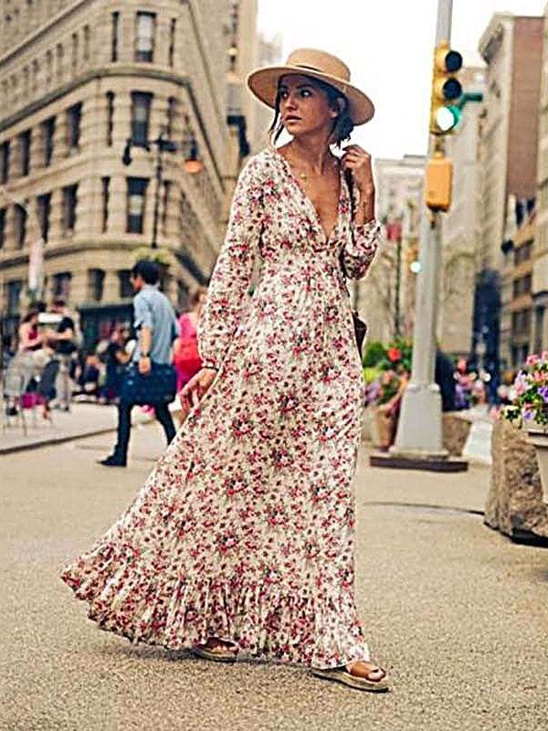 Stylish Floral print V neck Long sleeve Maxi Dresses