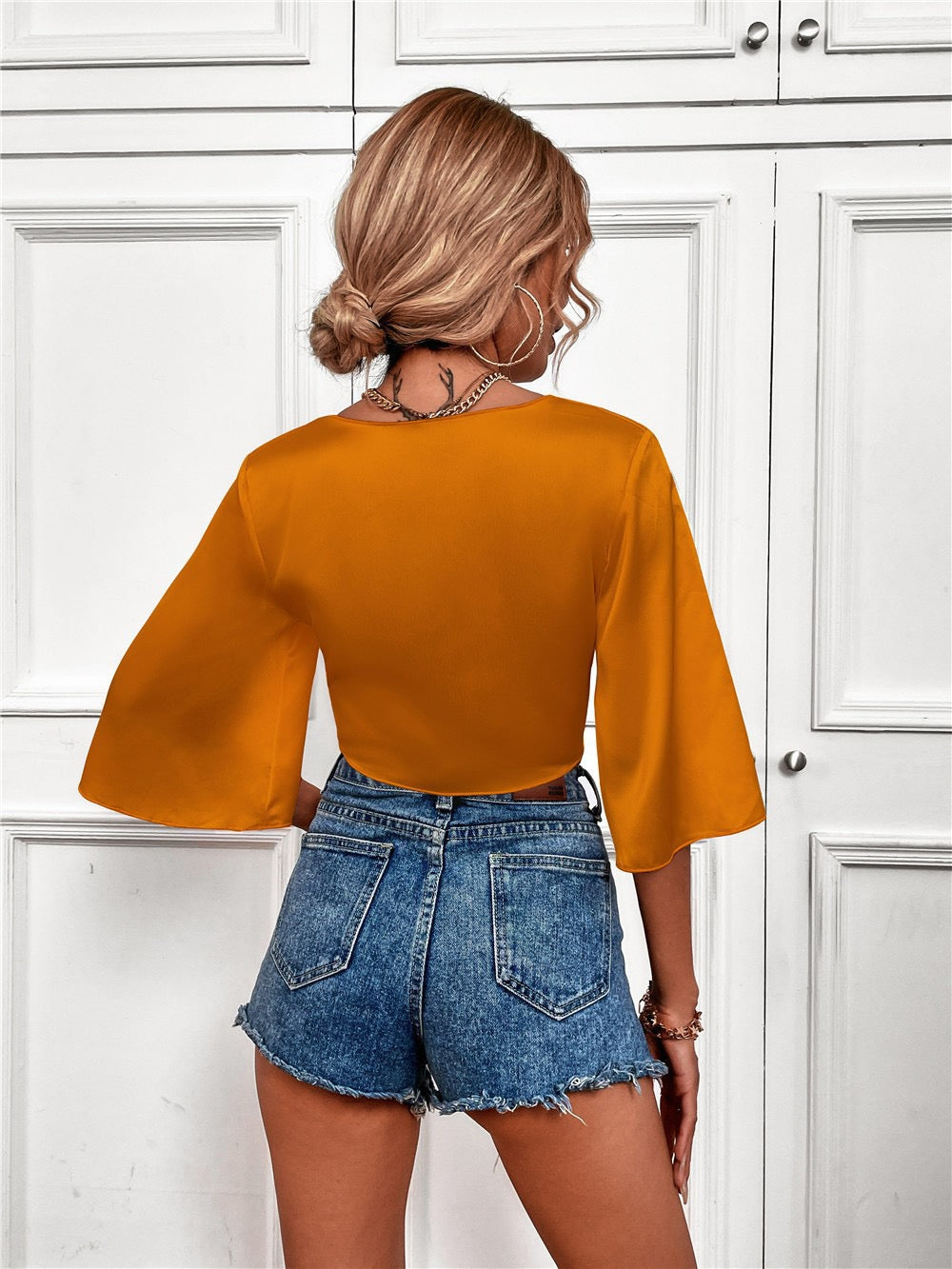 Sexy Pure V neck Three quarter sleeve Bowknot Blouses