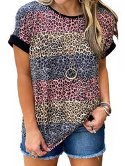 Leopard print round neck short sleeve T-shirts women top
