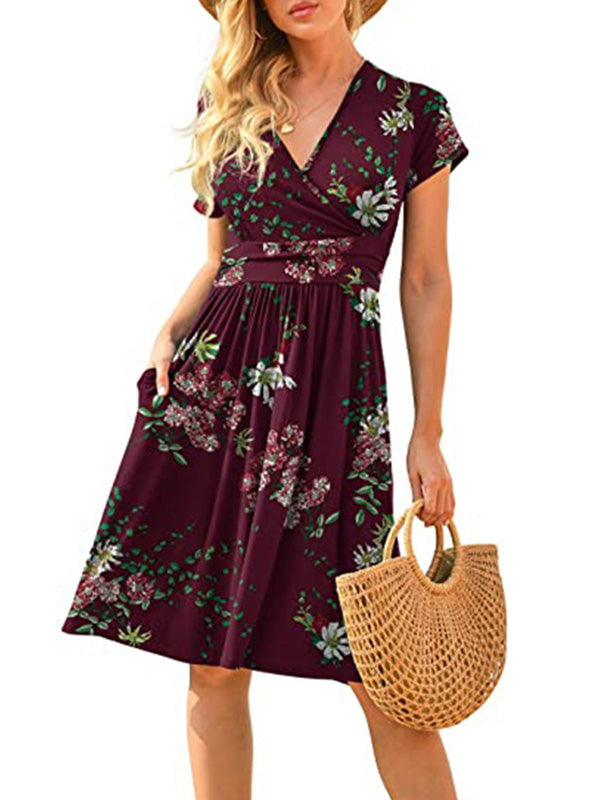 V collar short sleeve mini skirt printed skater dresses