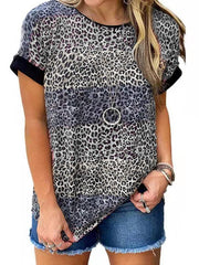 Leopard print round neck short sleeve T-shirts women top