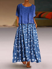 Two-piece round neck and short sleeves polka dot maxi dresses