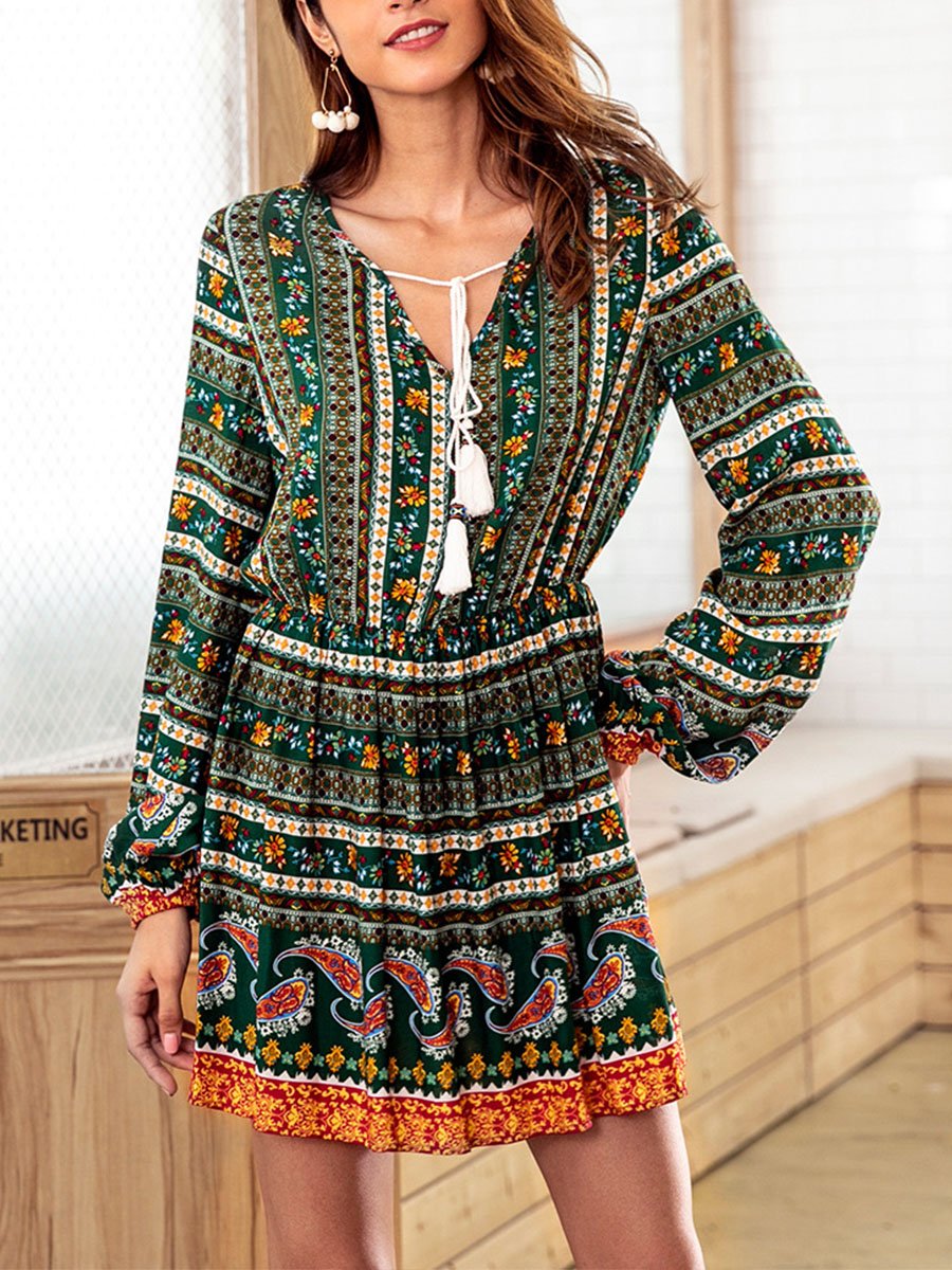 Flory National Ethnic Woman Chiffon V Neck Autumn Fashion Woman Skater Dress