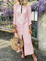 Four Colors Cotton Linen Long Sleeve Solid Loose V Neck Boho Long Dress Casual Dress Maxi Dress For Woman