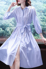 Stripe embroidered 3/4 sleeve hollow lantern sleeve A-line dress