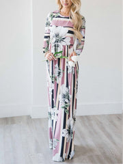 Striped Print Long Sleeve Casual Maxi Dress for Women