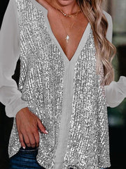 V Neck Bling Shine Women long sleeve blouses